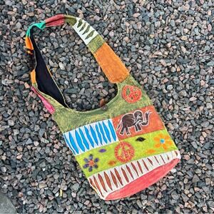 Hippie Boho Cotton Batik Patchwork Razor Cut Shoulder Bag Elephant Peace Flower